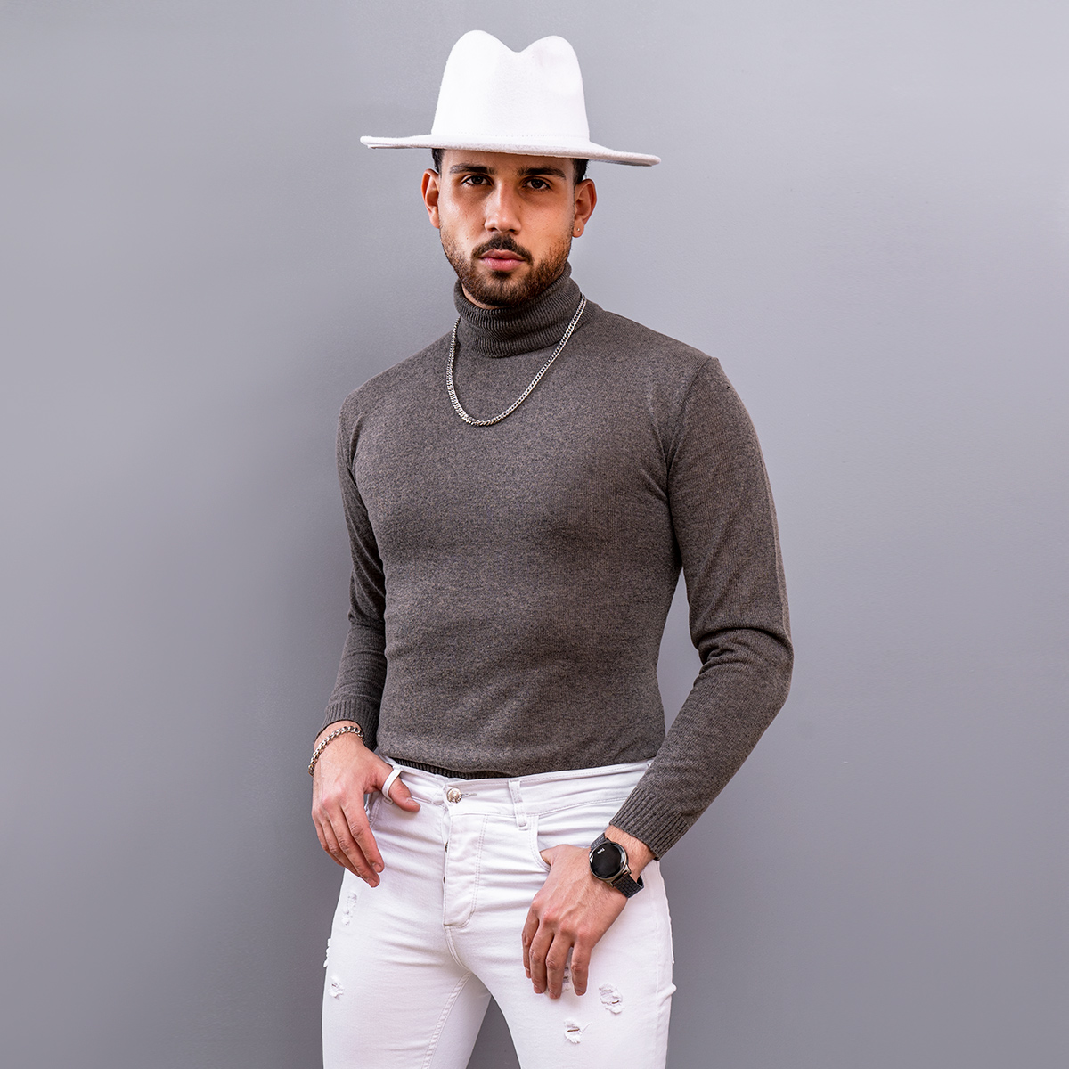 پلیور بافت یقه اسکی مردانه مدل Ersan رنگ خاکی