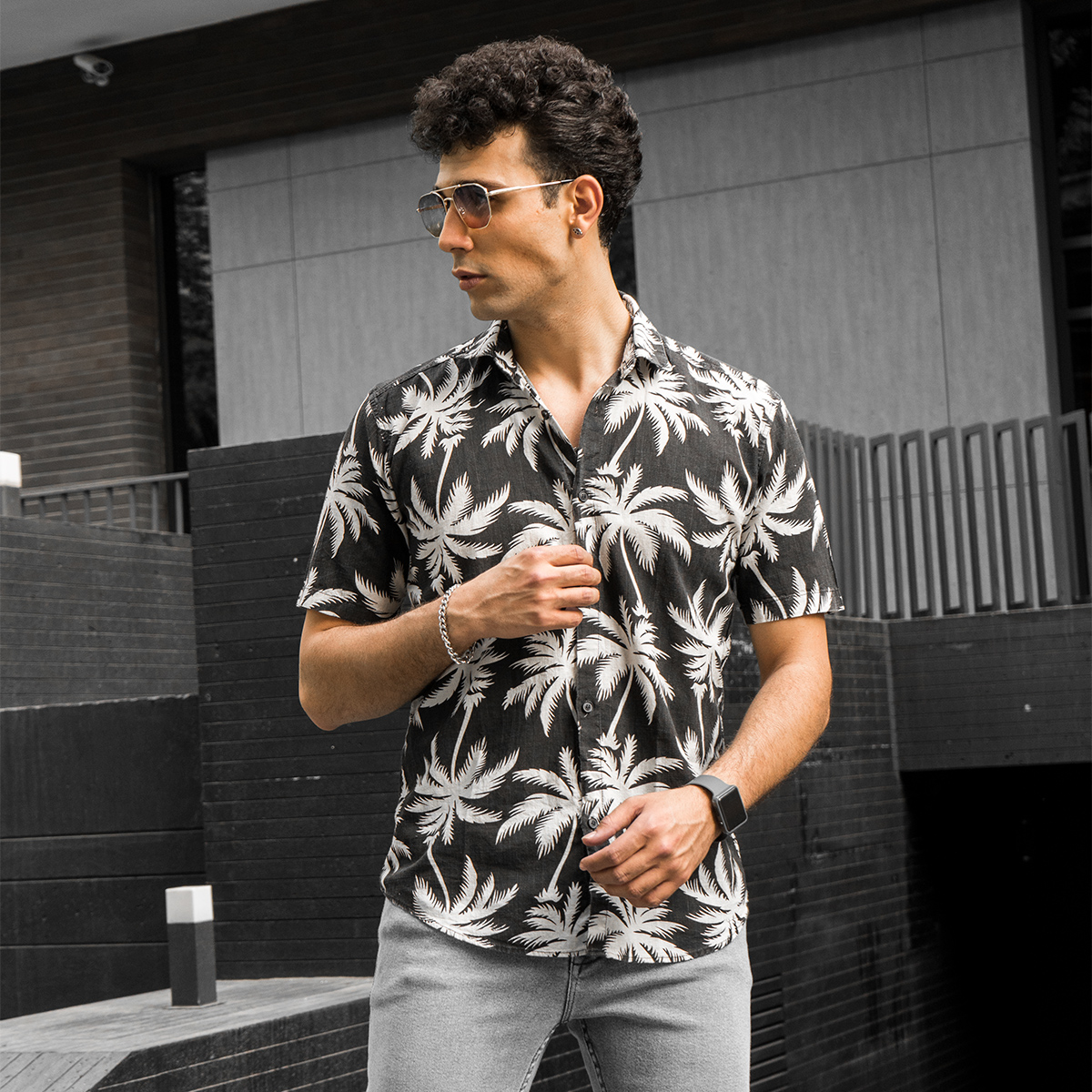 پیراهن هاوایی مردانه مشکی سفید مدل Riofer