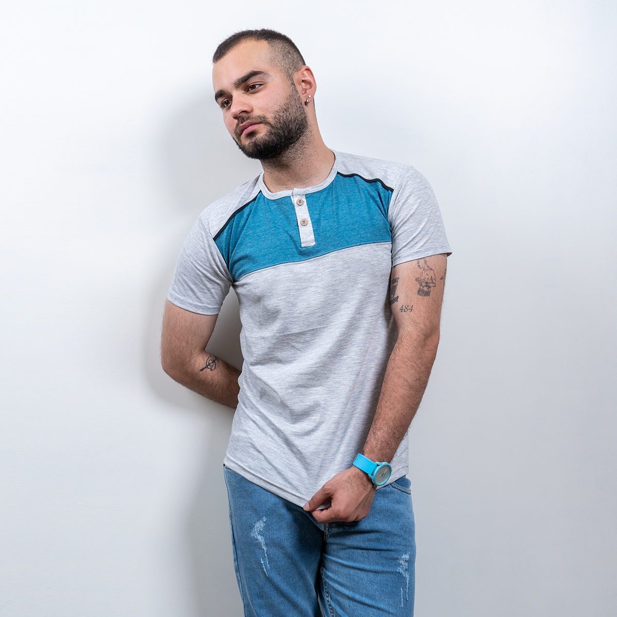 تیشرت مردانه طوسی روشن آبی مدل Ratim
