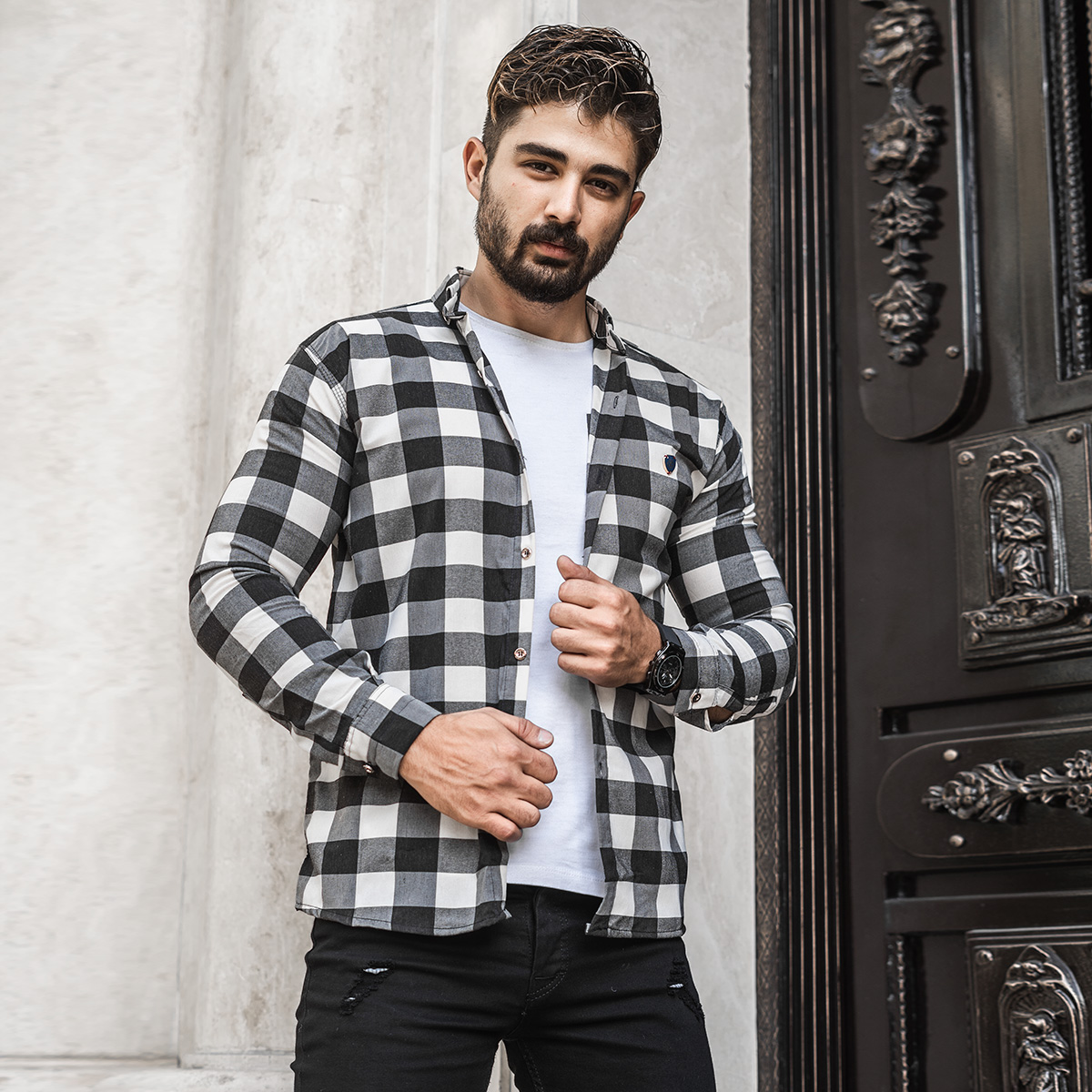 پیراهن چهار خونه مشکی سفید مردانه مدل Kiano