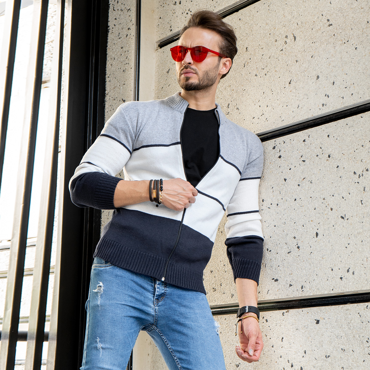 سویشرت بافت زیپ دار مردانه سه رنگ مدل ABED