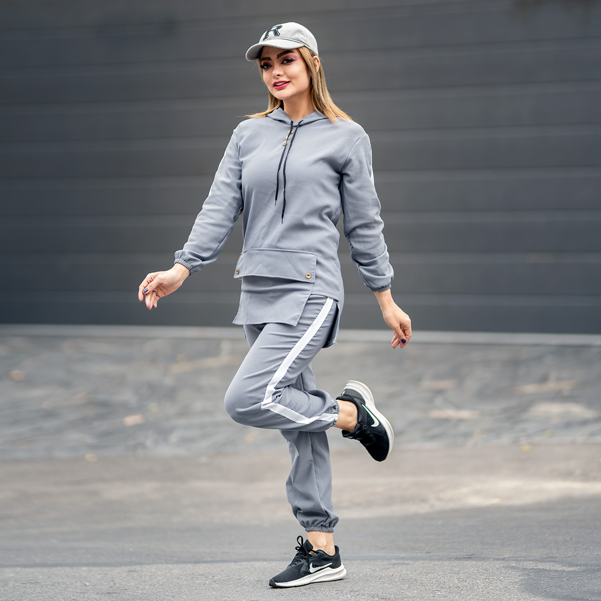 ست هودی شلوار جیب جلو طوسی دخترانه مدل Erina