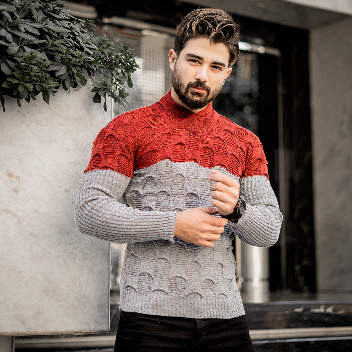 پلیور دورنگ قرمزطوسی مردانه مدلArkia