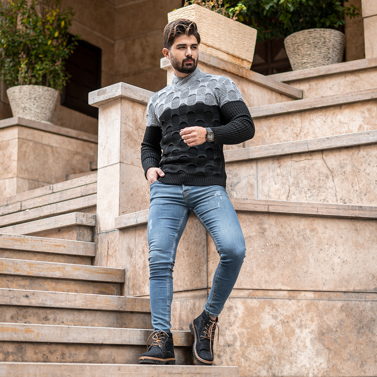 پلیور دورنگ طوسی مشکی مردانه مدلArkia