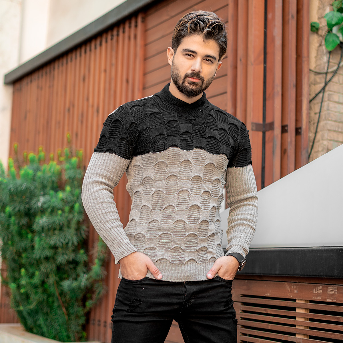 پلیور دورنگ مشکی کرم مردانه مدلArkia