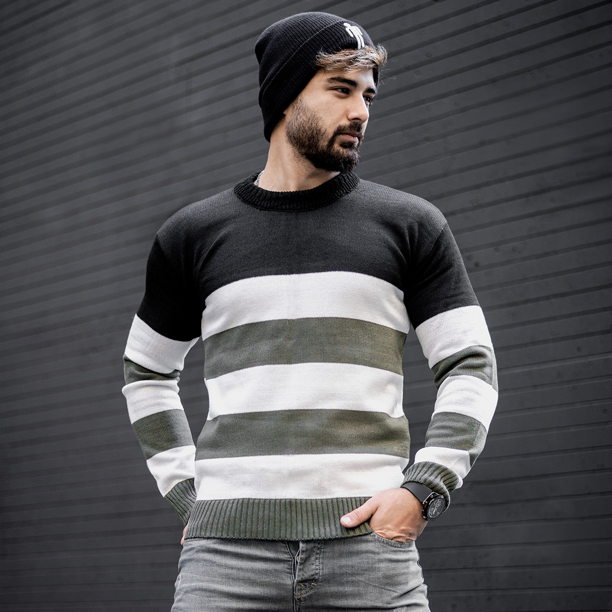 پلیور راه راه سبزسفید مردانه مدل Sosha