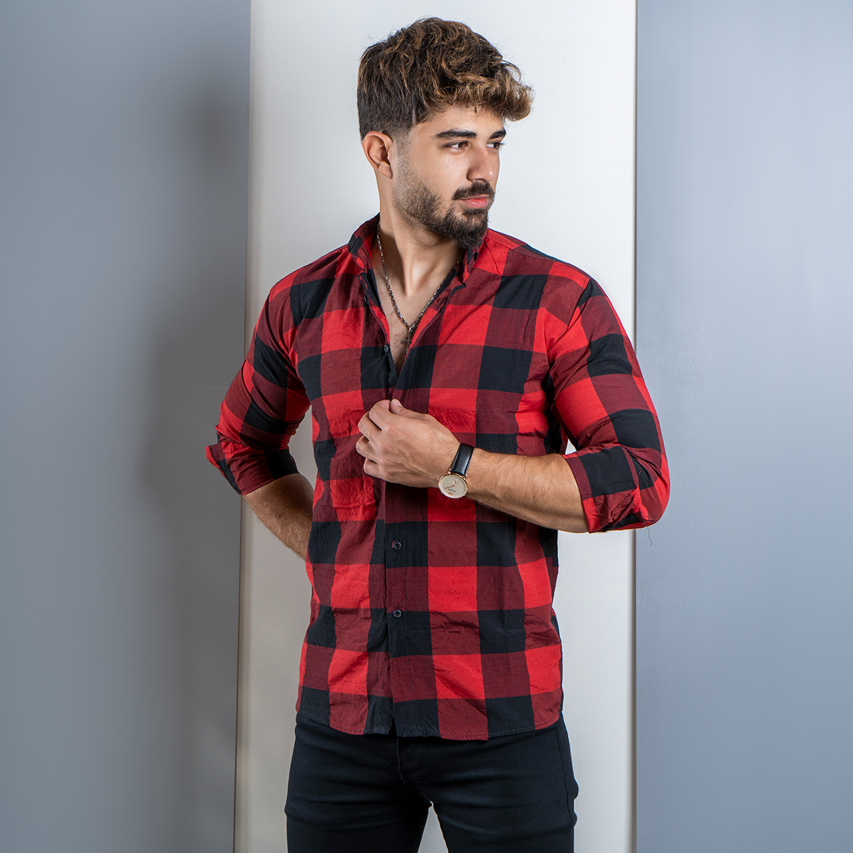 پیراهن مردانه چهارخونه قرمز مشکی (T) مردانه مدل hadin
