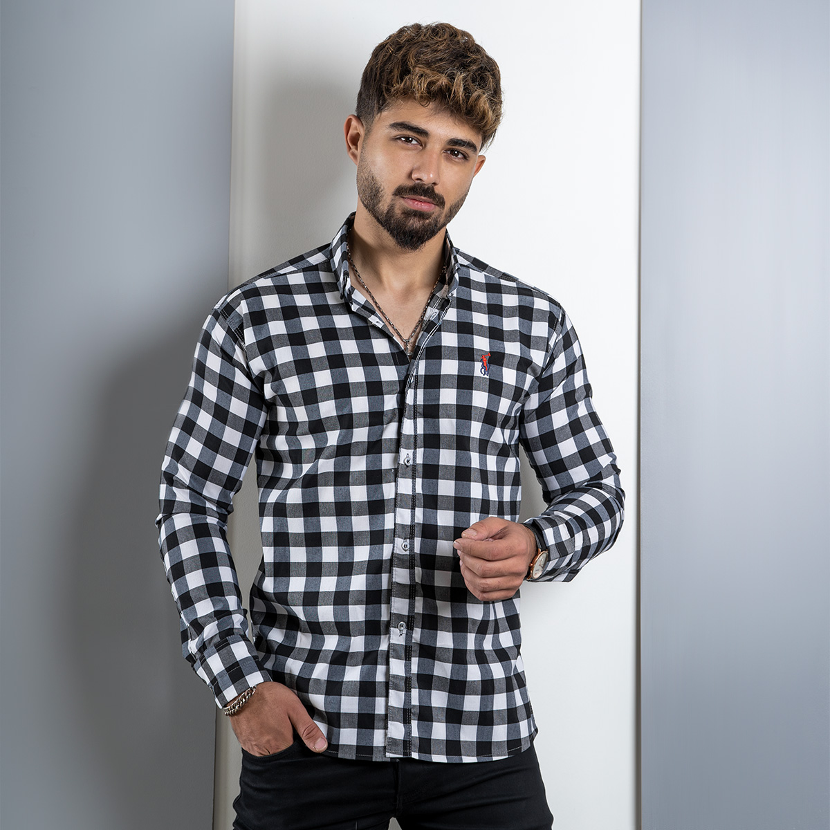 پیراهن مردانه چهارخونه سفید مشکی مدلWoodi