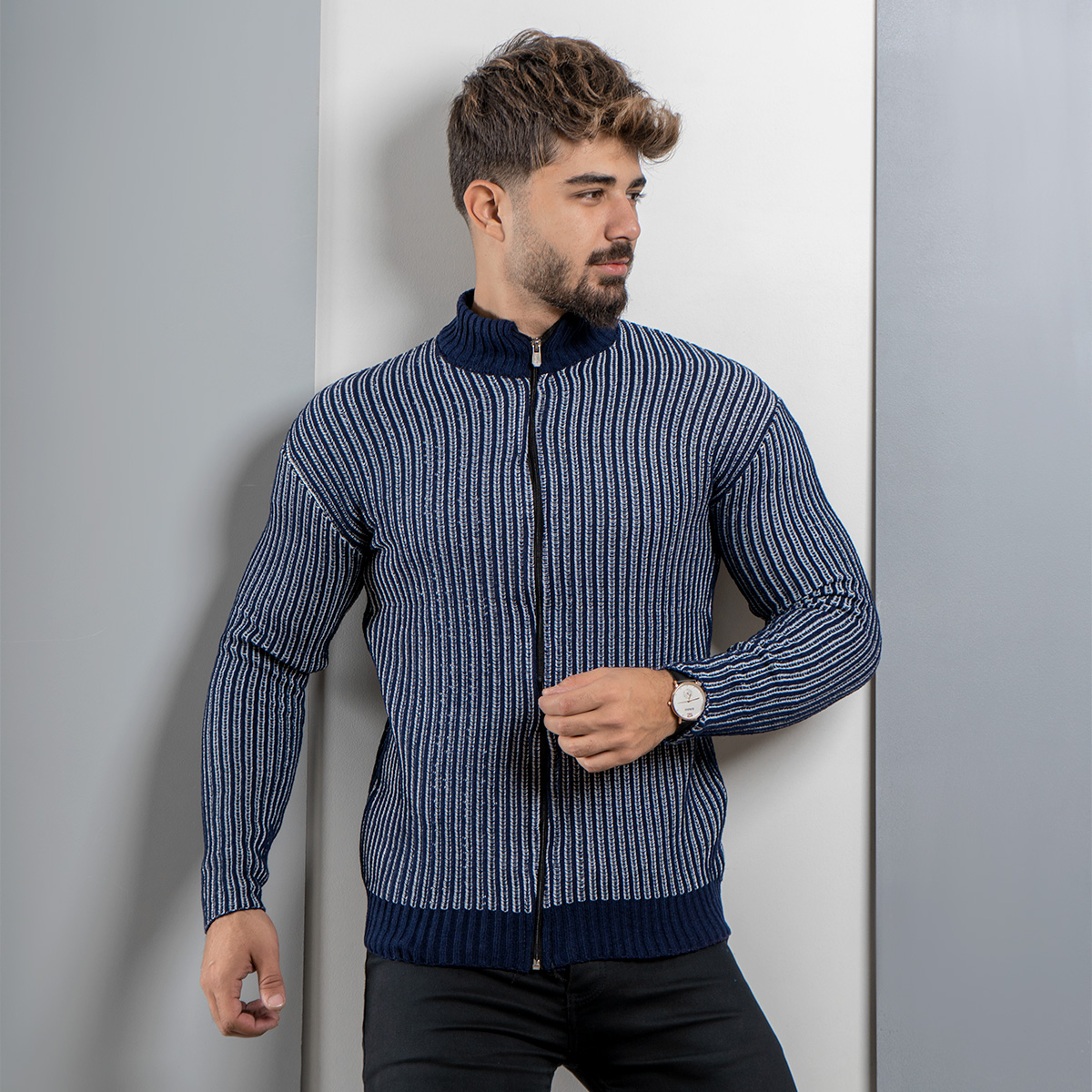 سوییشرت بافت (T)زیپ دار سرمه ای مدلANOSH