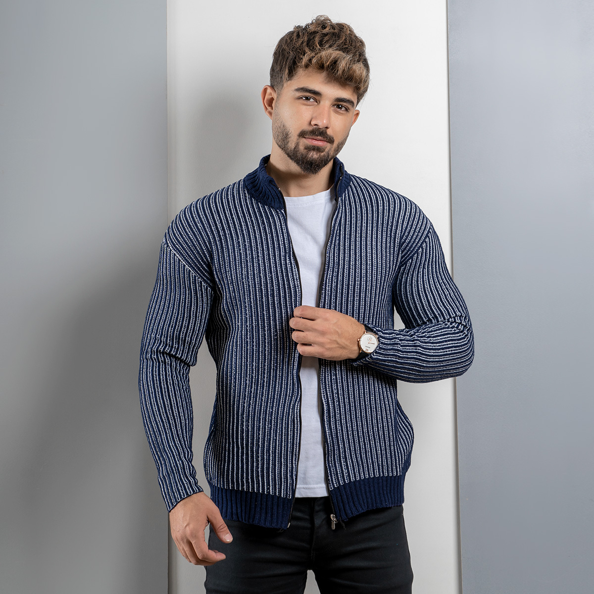 سوییشرت بافت (T)زیپ دار سرمه ای مدلANOSH