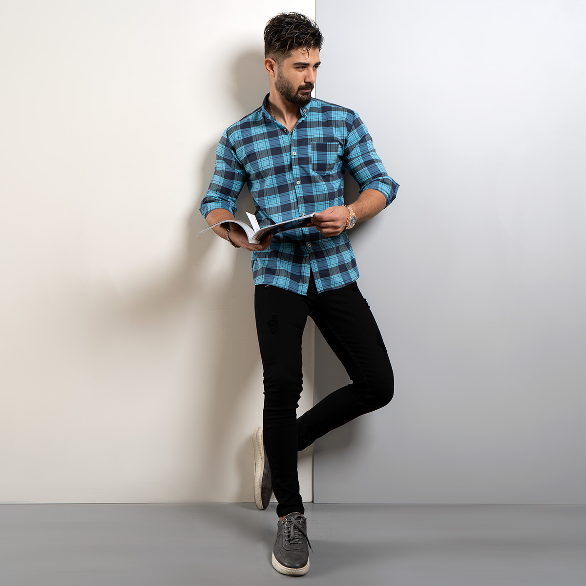 پیراهن چهارخونه مردانه سبز آبی مدل amir