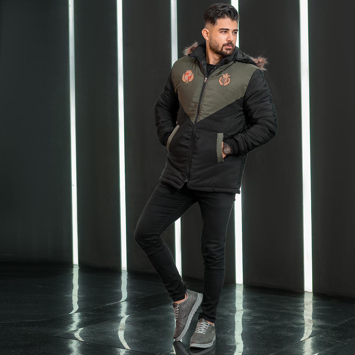 کاپشن مردانه مشکی سبز مدل Arin