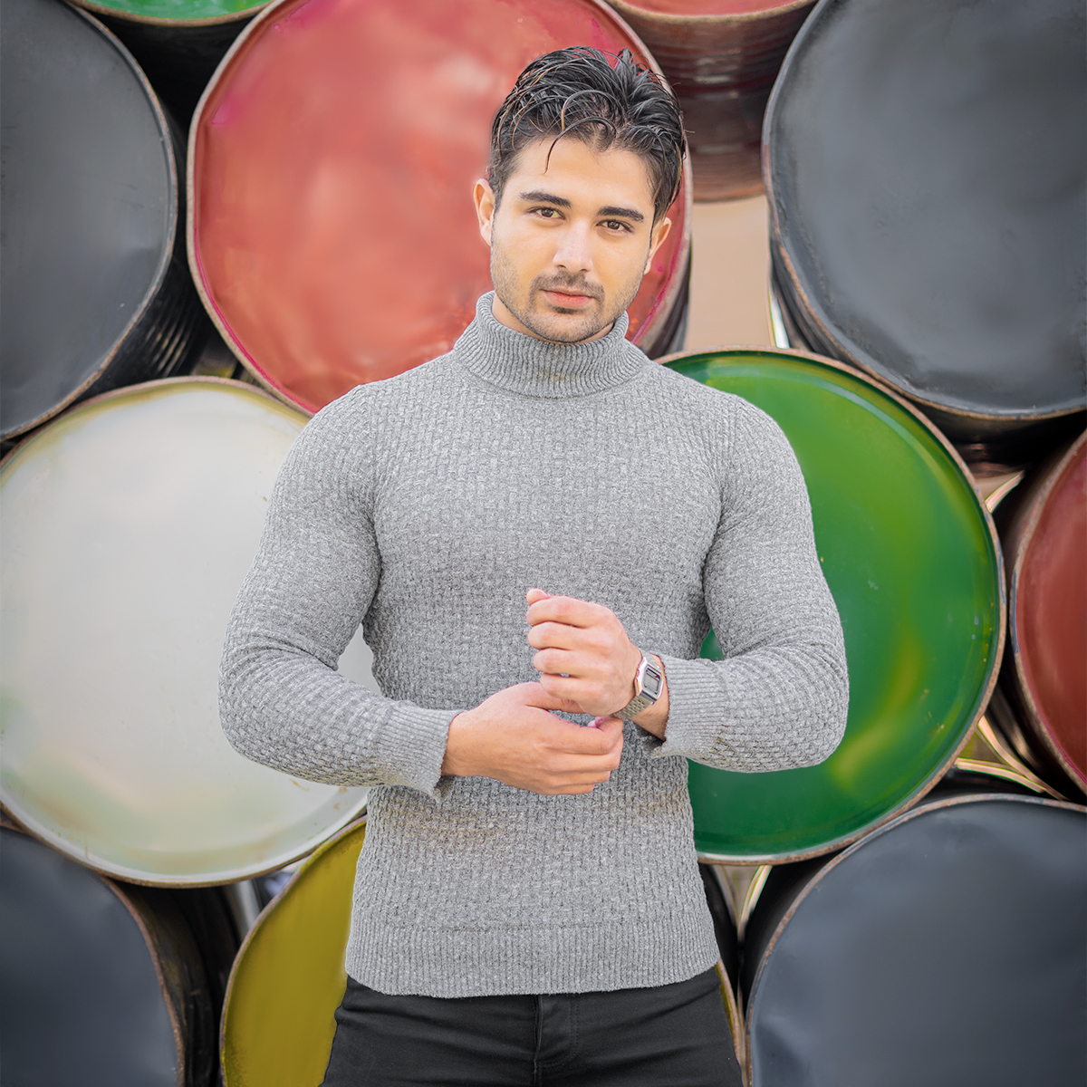 پلیور یقه اسکی مردانه طوسی روشن مدل Oktav