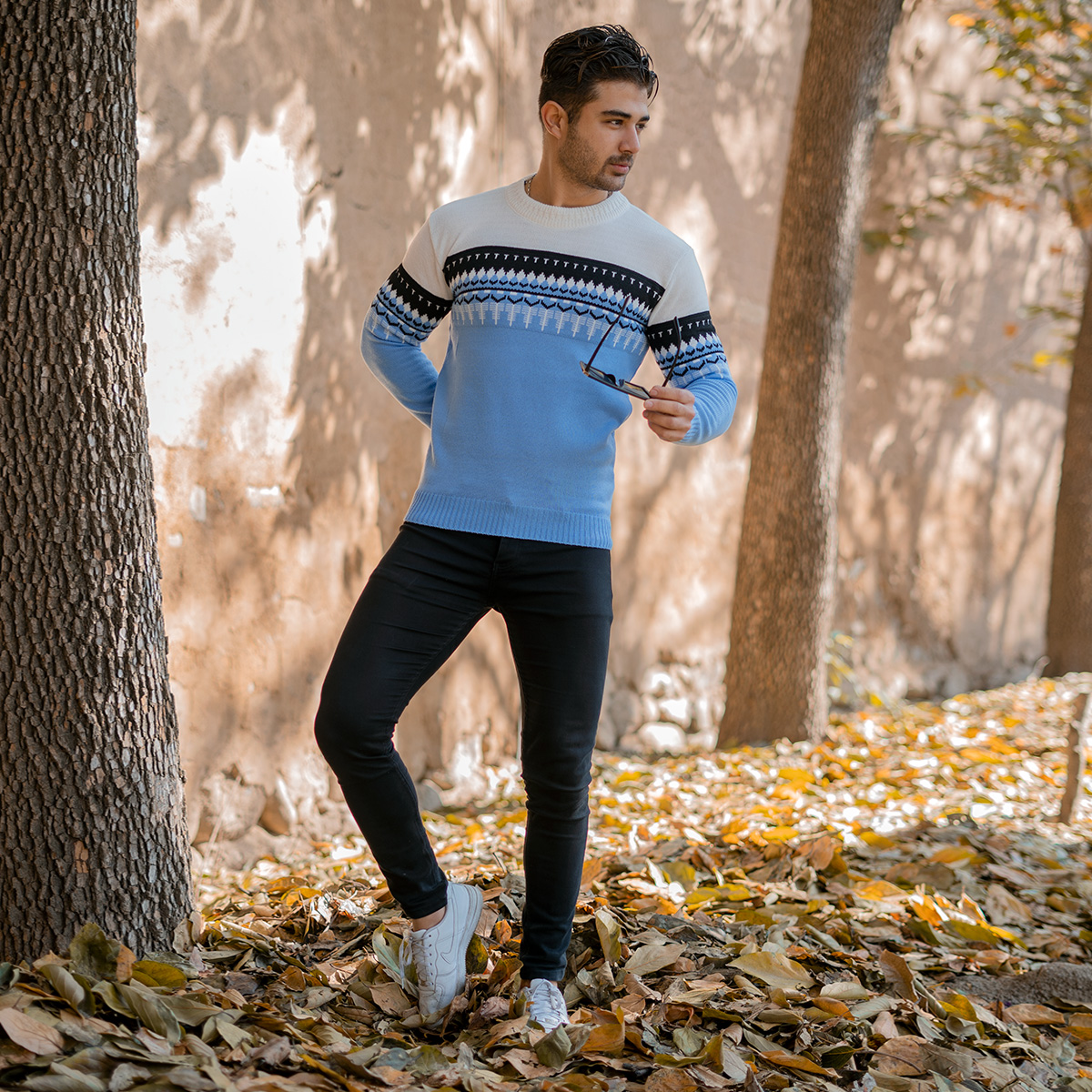 پلیور ژاکارد آبی فولادی مردانه مدل Sami
