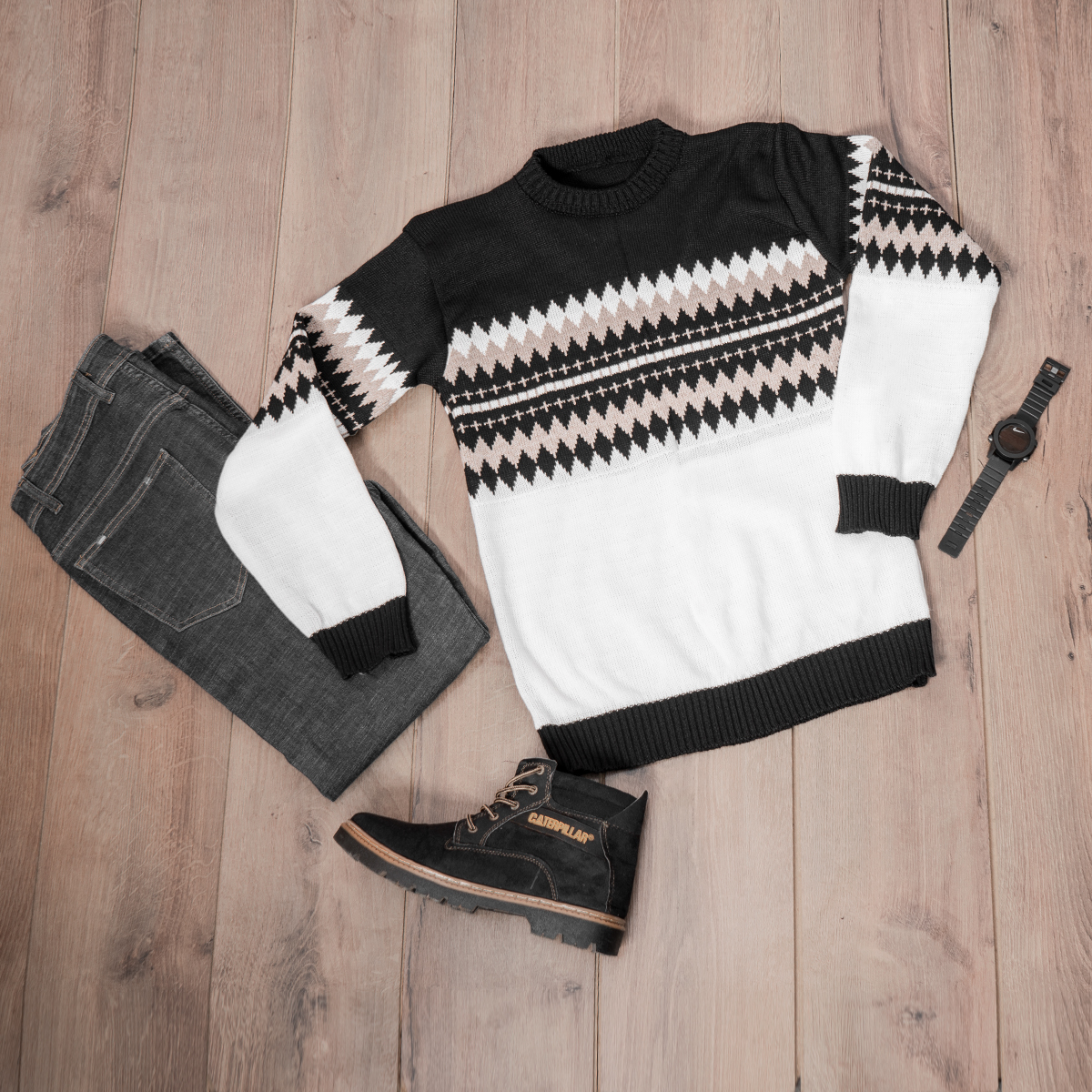 پلیور ژاکارد سفید مشکی مردانه مدلSami