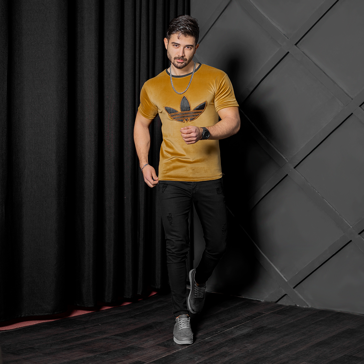 تیشرت مخملی خردلی Adidas مردانه مدلRasa