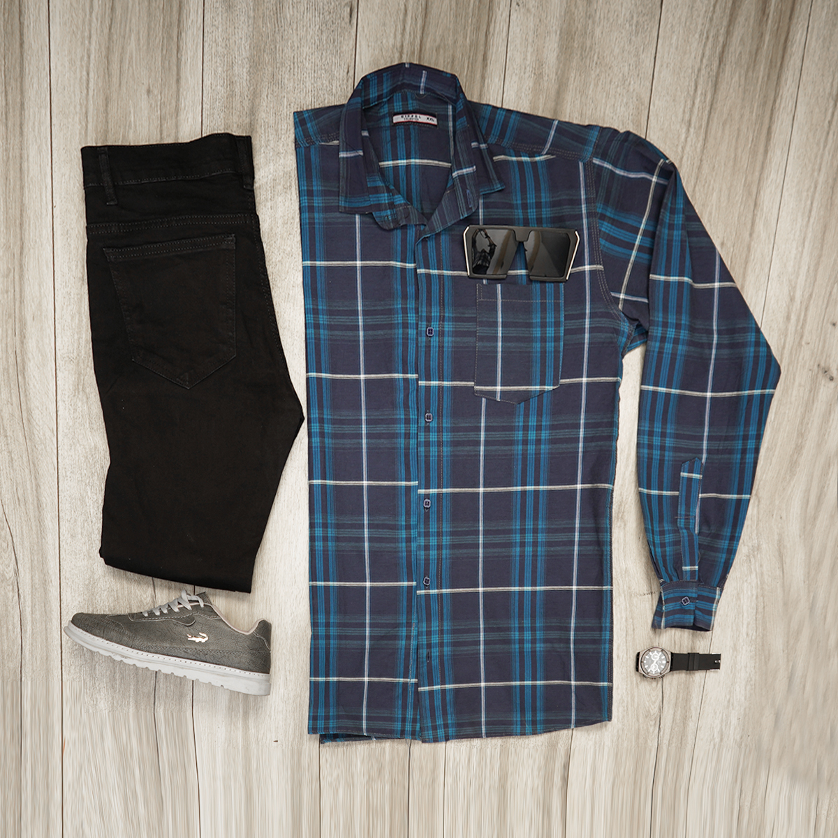 پیراهن مردانه چهارخونه سرمه ای آبی مدل stok