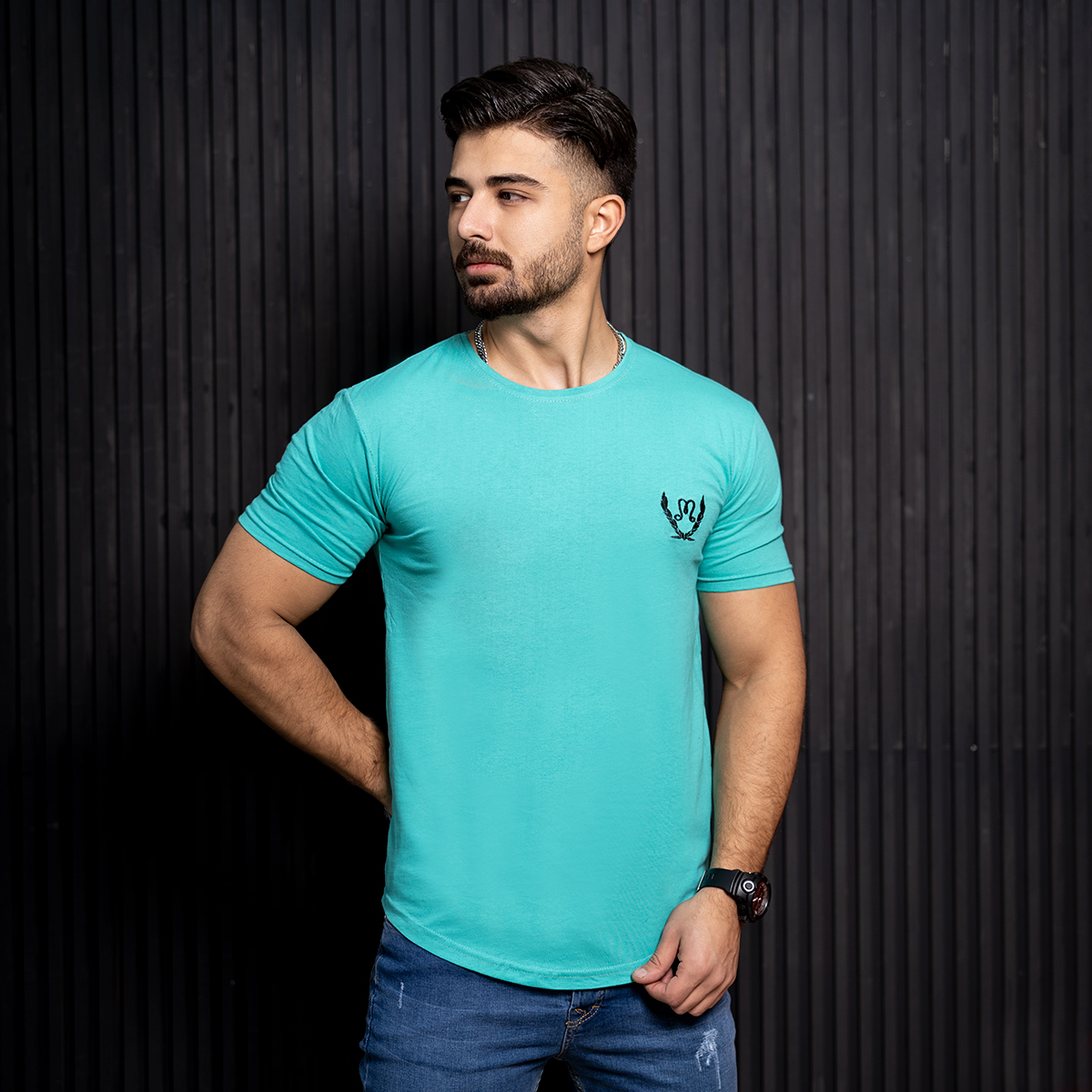 تیشرت مردانه فیروزه ای مدل Maron