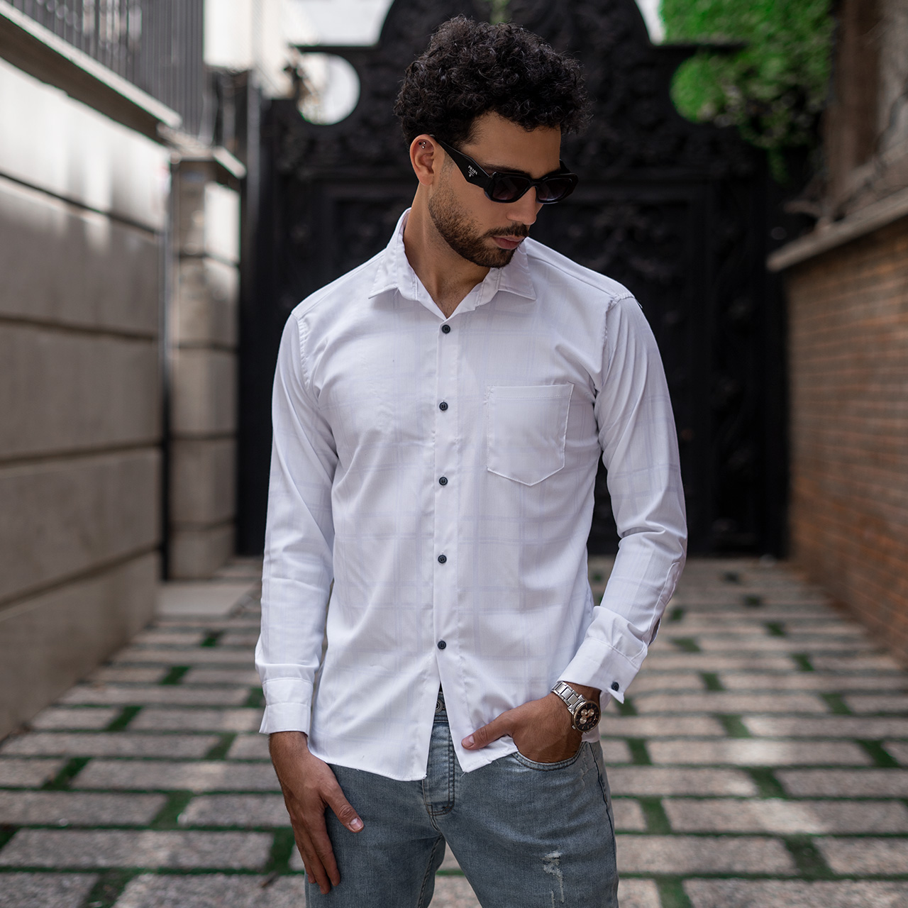 پیراهن مردانه چهارخونه سفید مدل Ravin