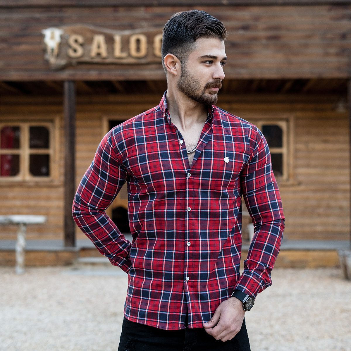 پیراهن چهارخونه قرمز مردانه مدل katin