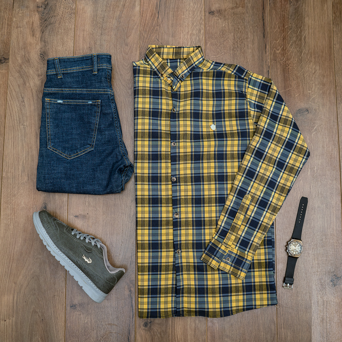 پیراهن چهارخونه سرمه ای زرد مردانه مدل katin