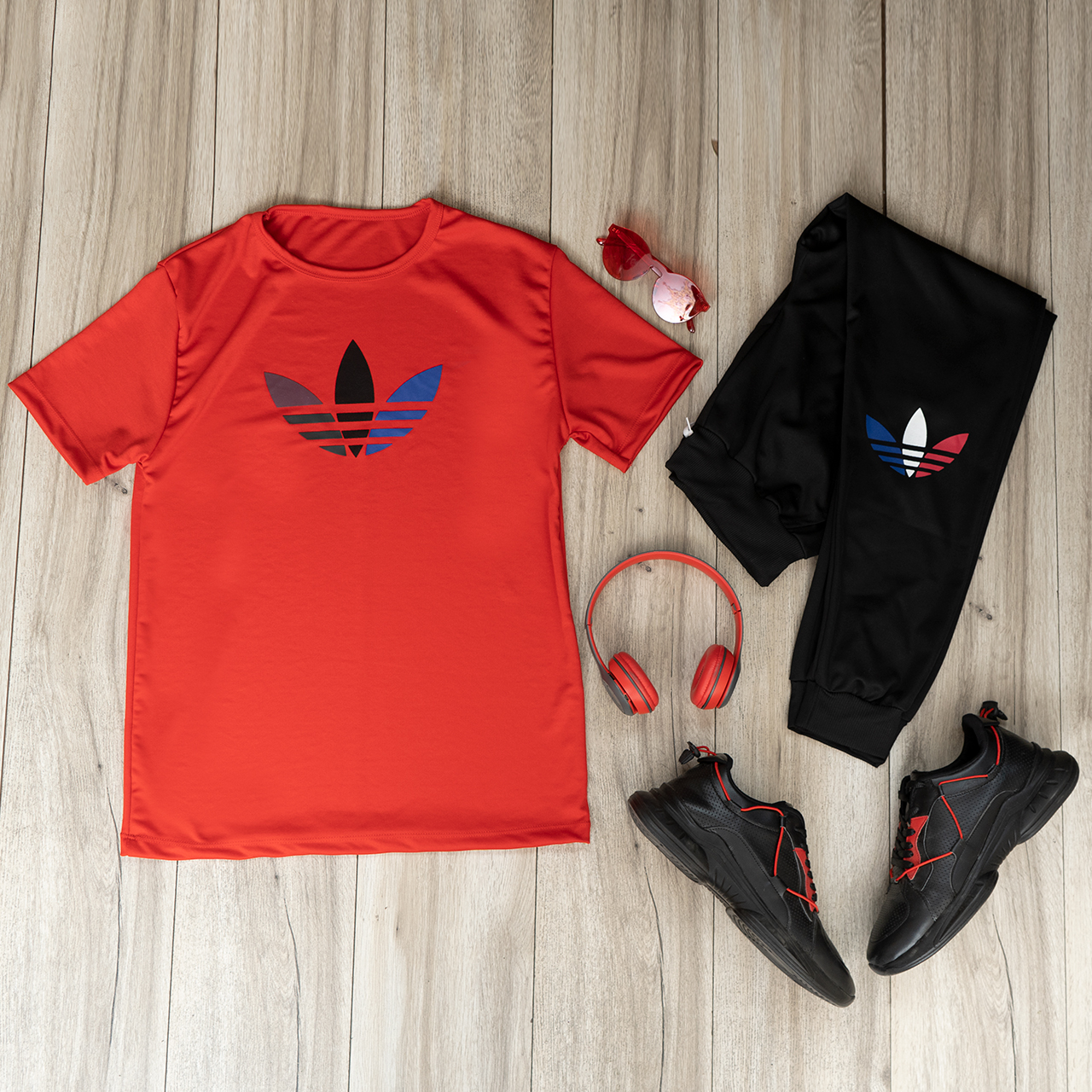 ست تیشرت شلوار Adidas مردانه قرمز مشکی مدل T55
