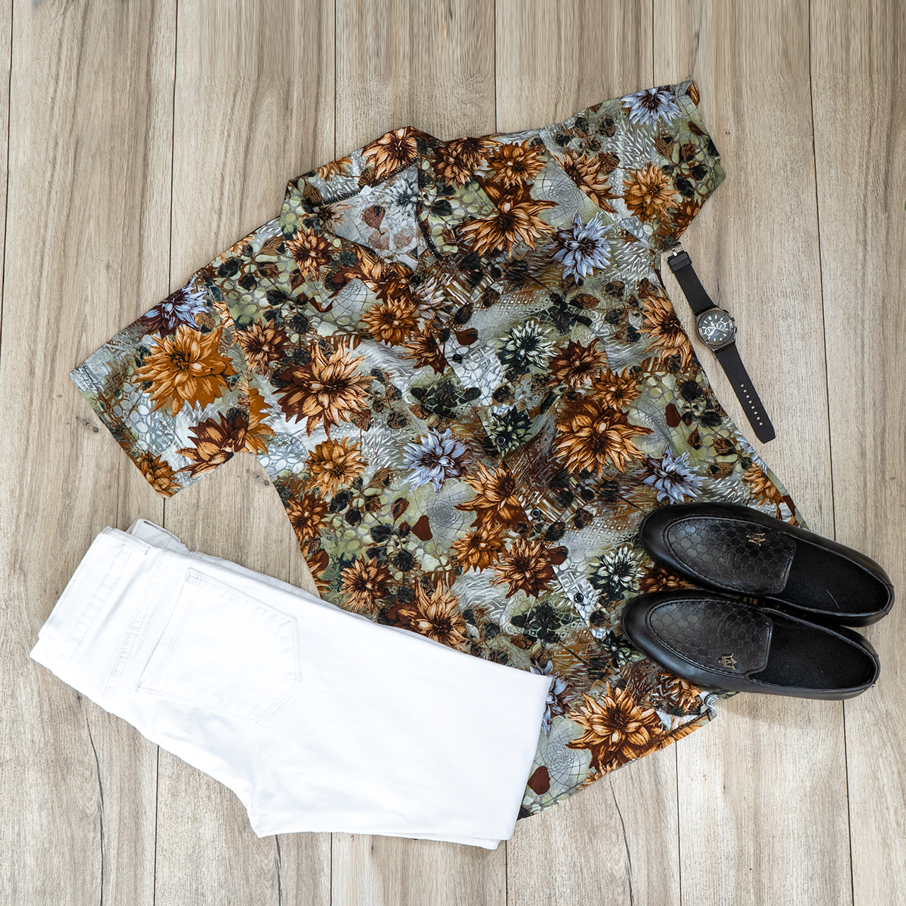 پیراهن مردانه گل آفتابگران قهوه ای مدل 57