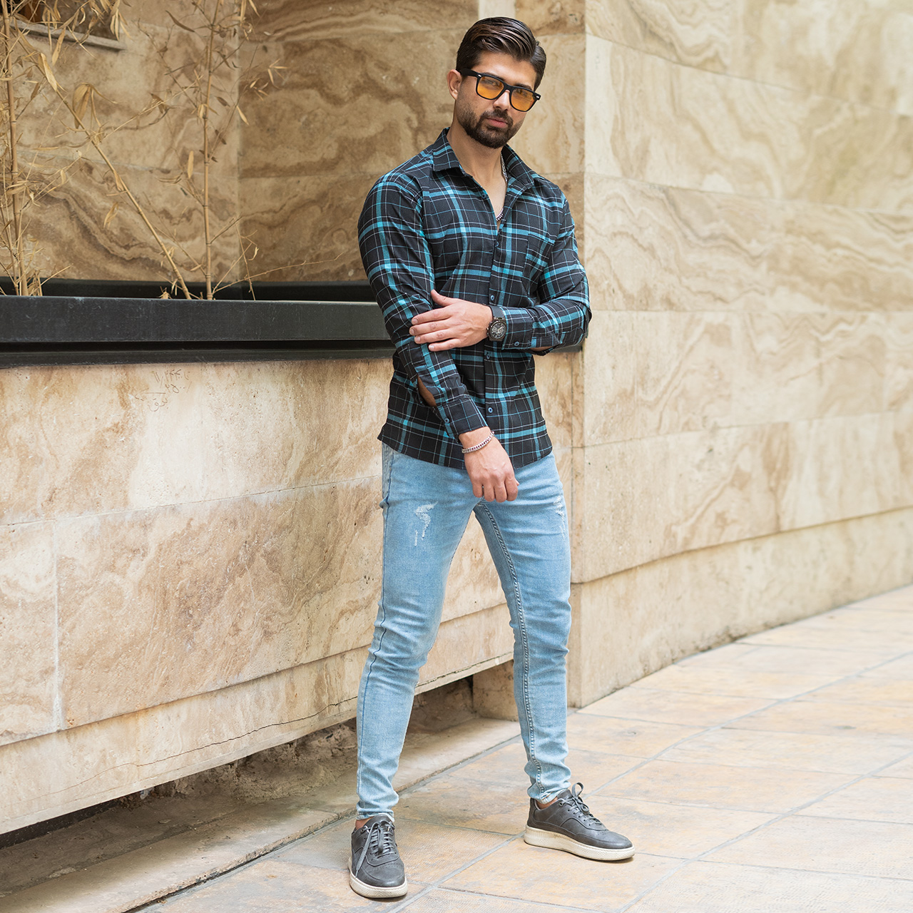 پیراهن مکعبی (T)مشکی آبی مردانه مدل faron