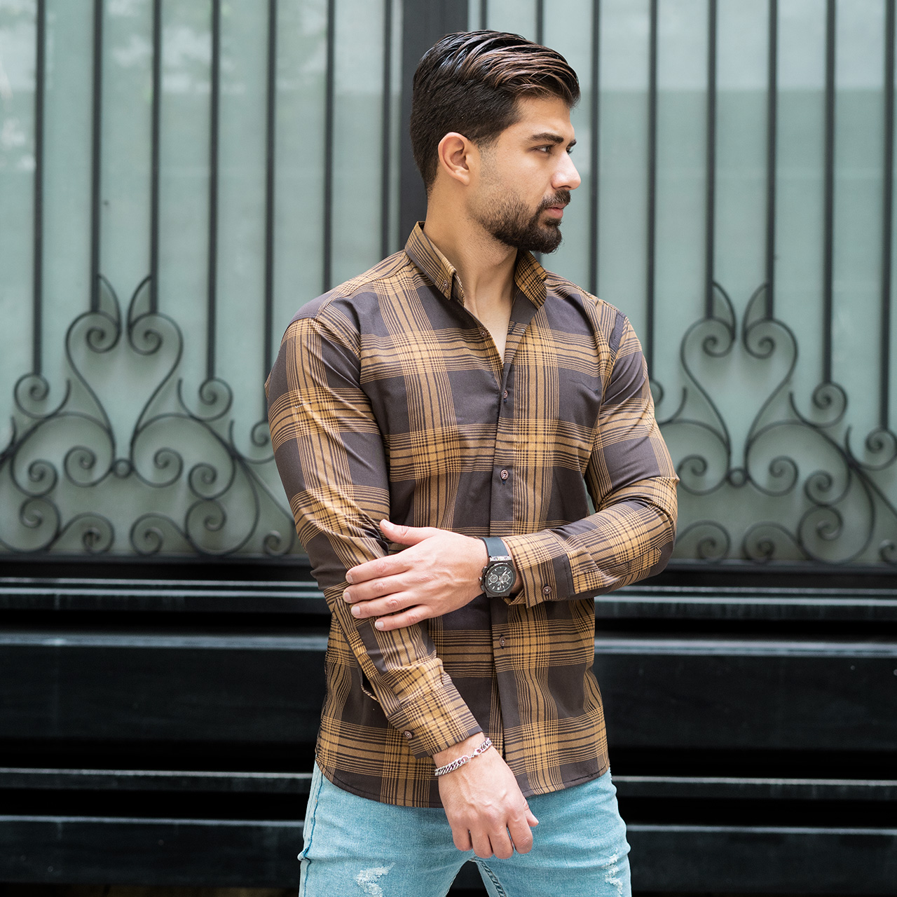 پیراهن مردانه(T)چهار خونه قهوه ای روشن مدلzava