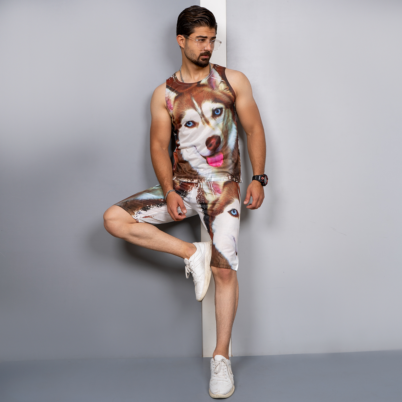 ست رکابی شلوارک قهوه ای مردانه مدل Husky