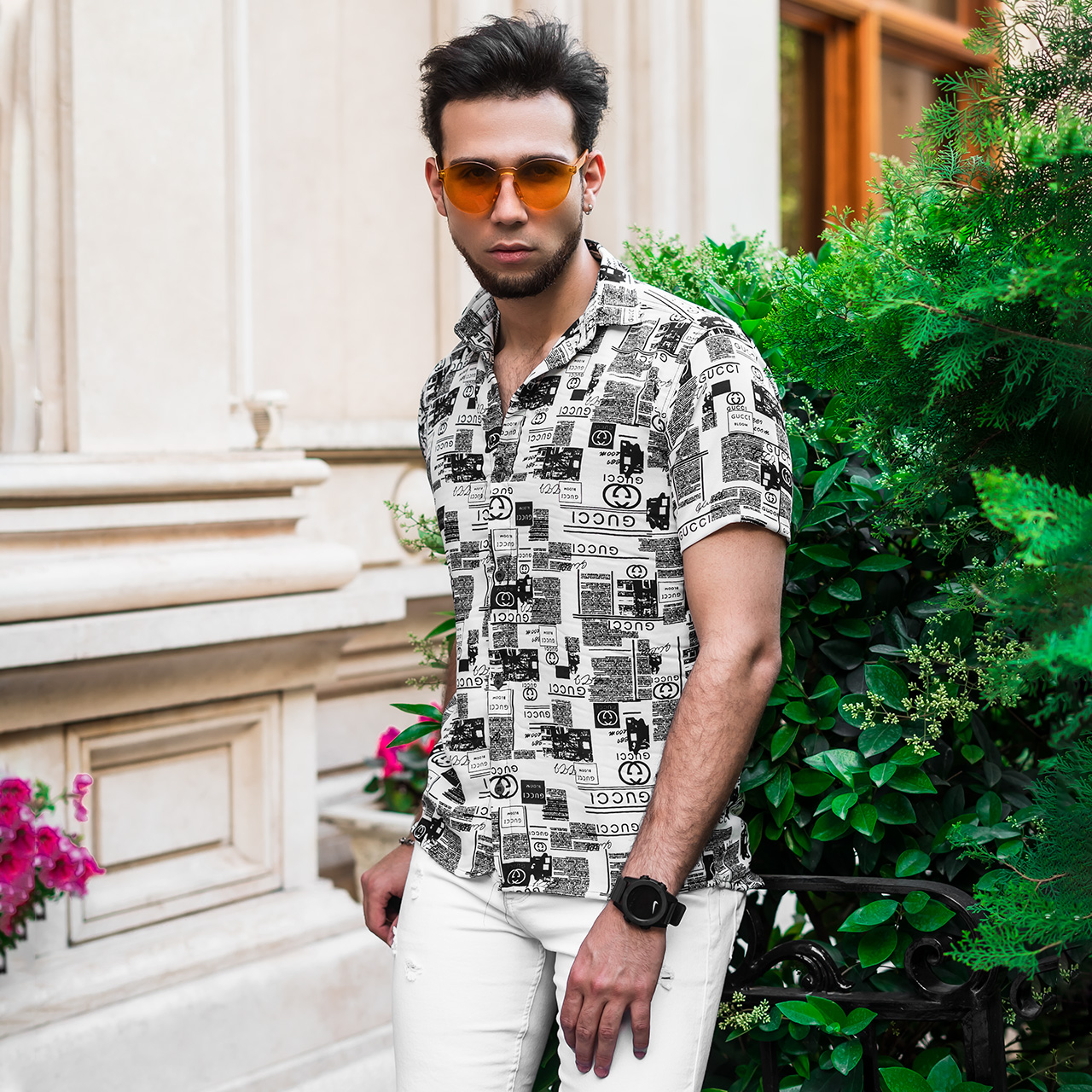 پیراهن هاوایی طرح نوشته سفید مردانه مدل Gucci