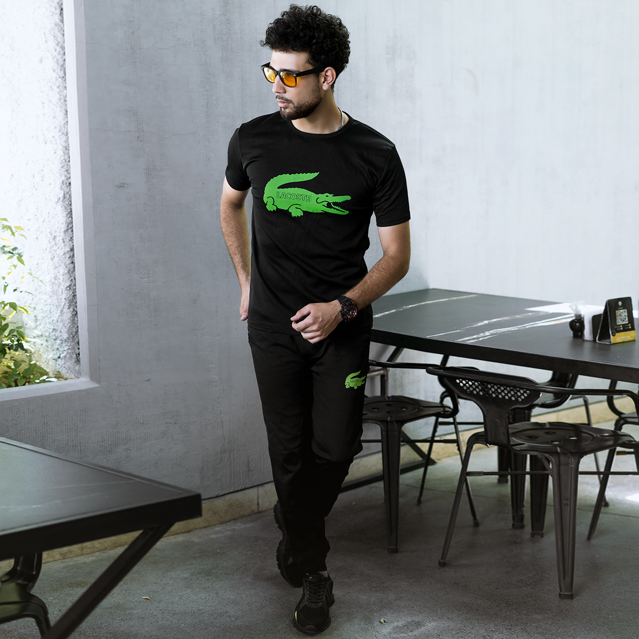 ست تیشرت شلوار لاگوست مشکی مدلRE200