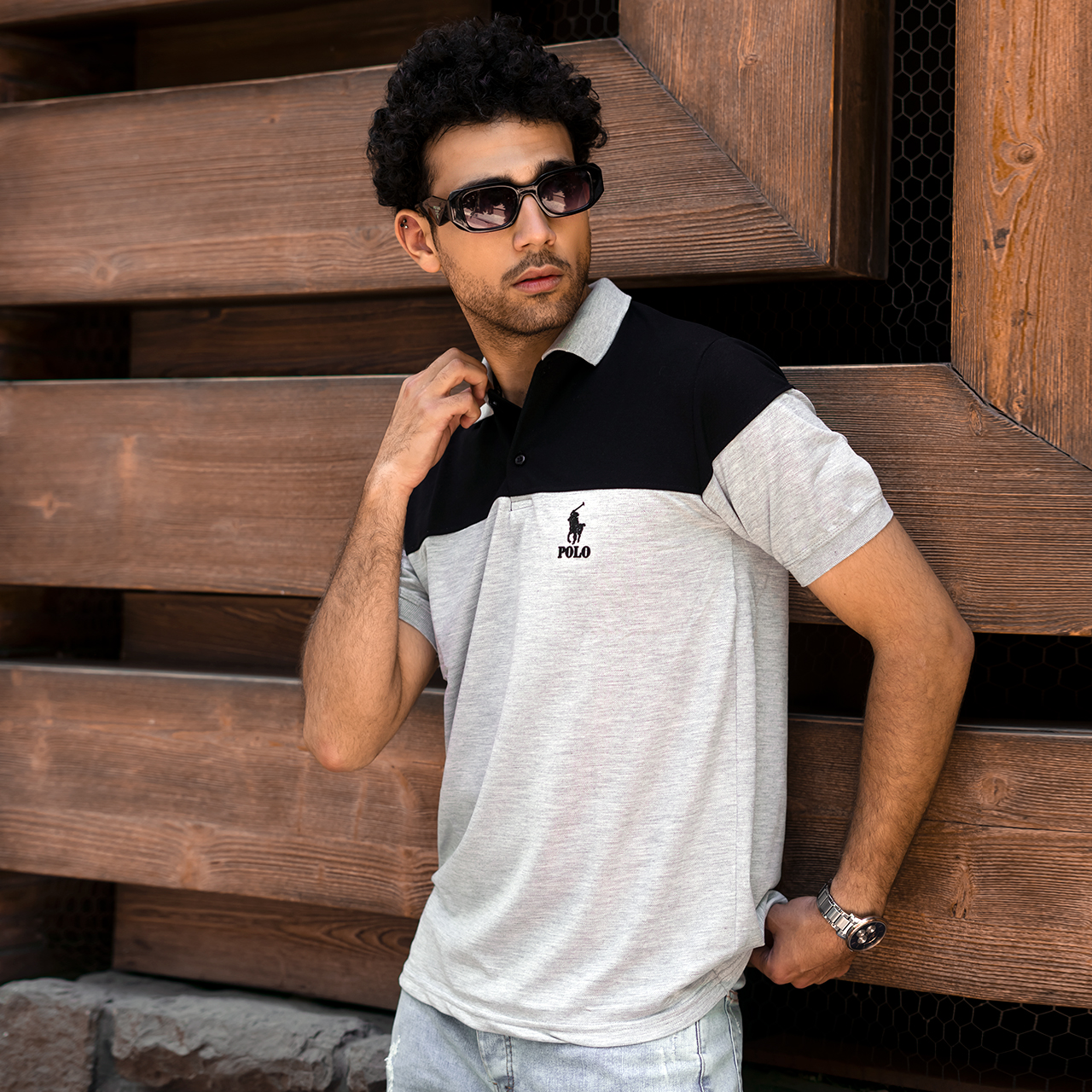 تیشرت مردانه POLO طوسی- مشکی مردانه Mazyar