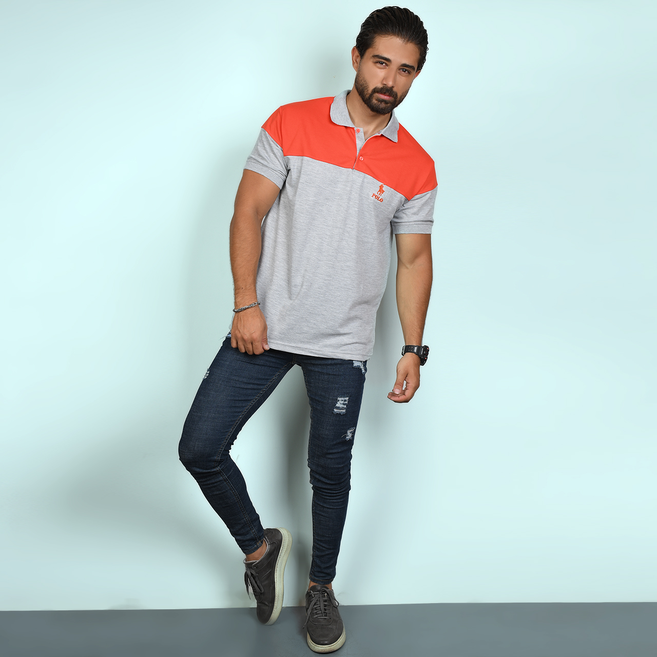 تیشرت مردانه POLO طوسی- نارنجی مردانه Mazyar