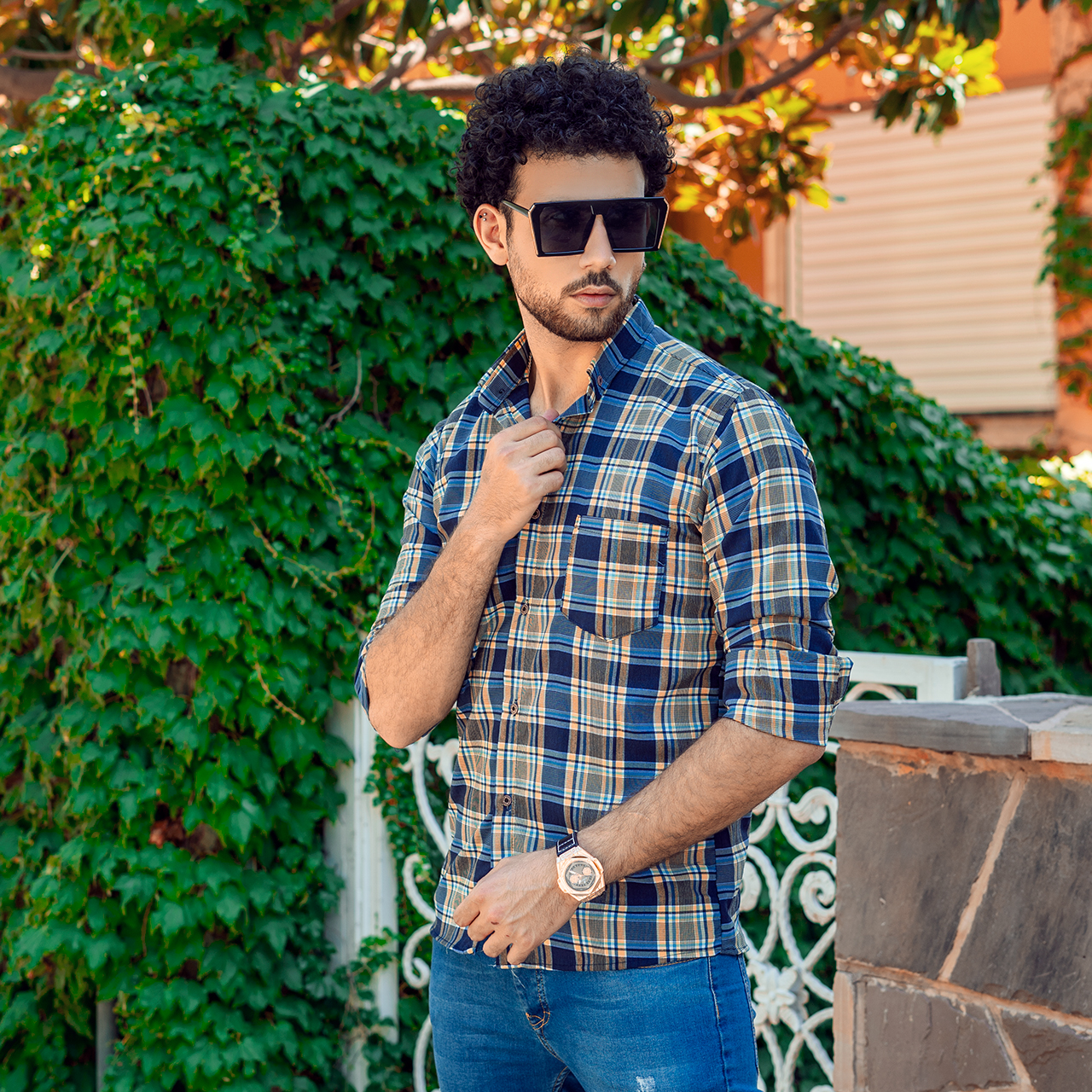 پیراهن چهارخونه مردانه آبی زرد مدل B14