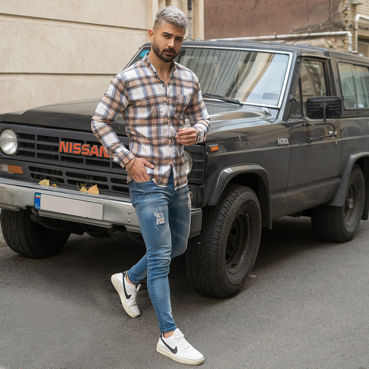 پیراهن مردانه چهارخونه کرم سفیدمدل ahora