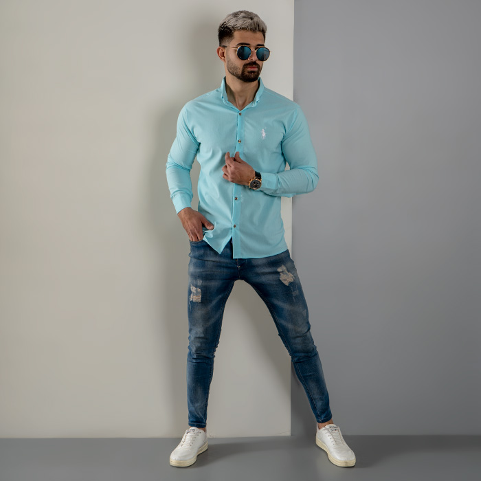 پیراهن مردانه آبی فیروزه ای مدل VQ