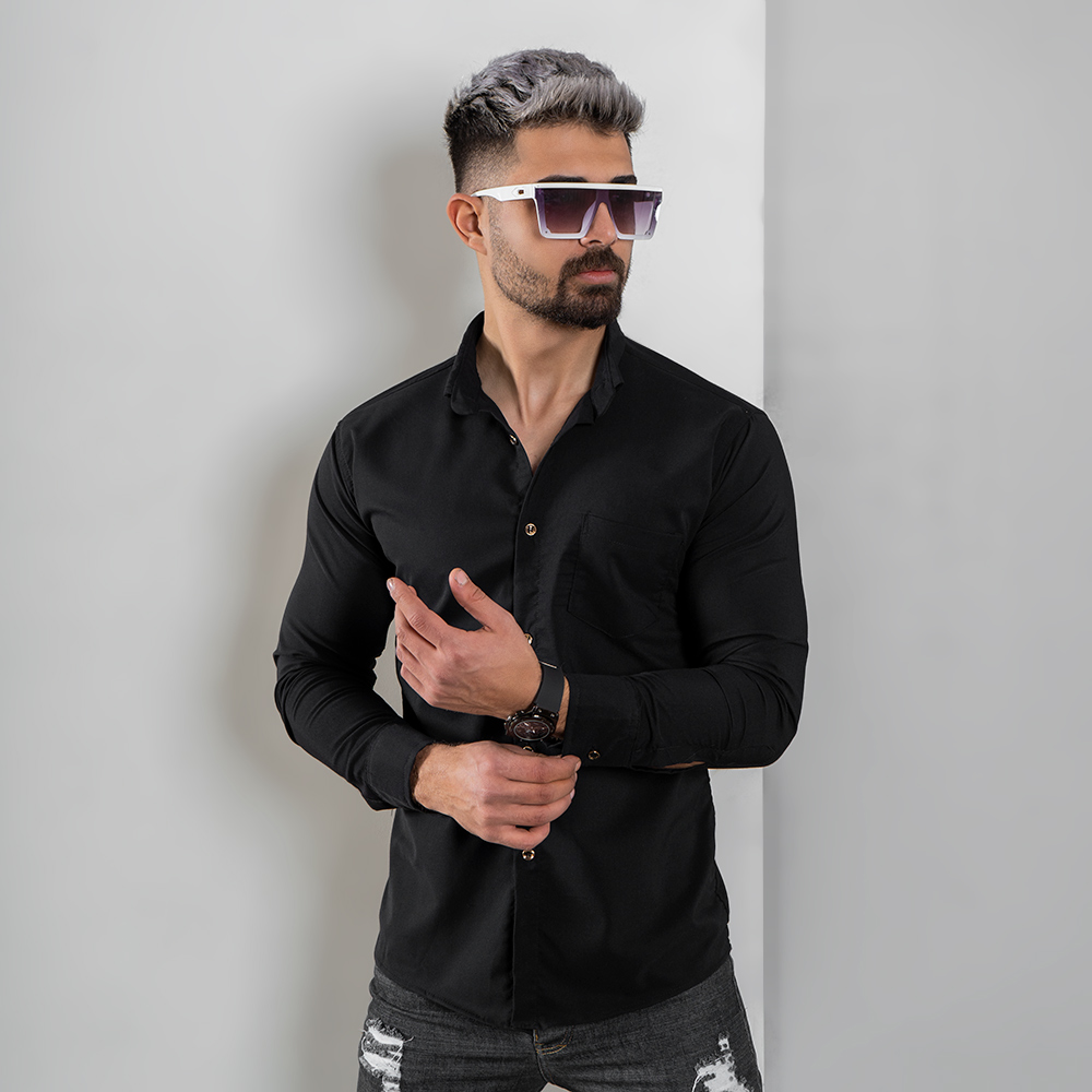 پیراهن مردانه مشکی ساده جیب دار مردانه مدل VQ