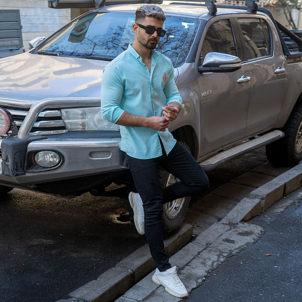 پیراهن مردانه آبی فیروزه ای مدل gabi
