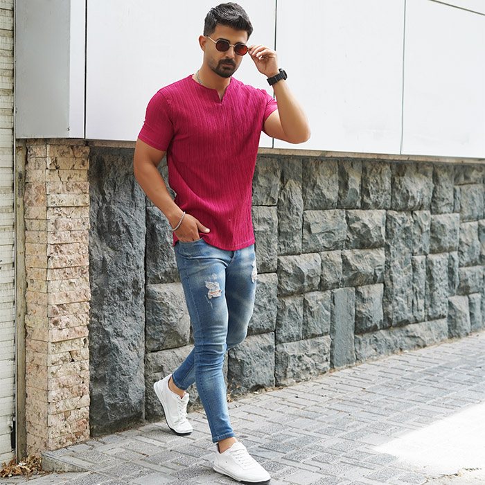 تیشرت مردانه زرشکی آستین کوتاه مدل Bardia