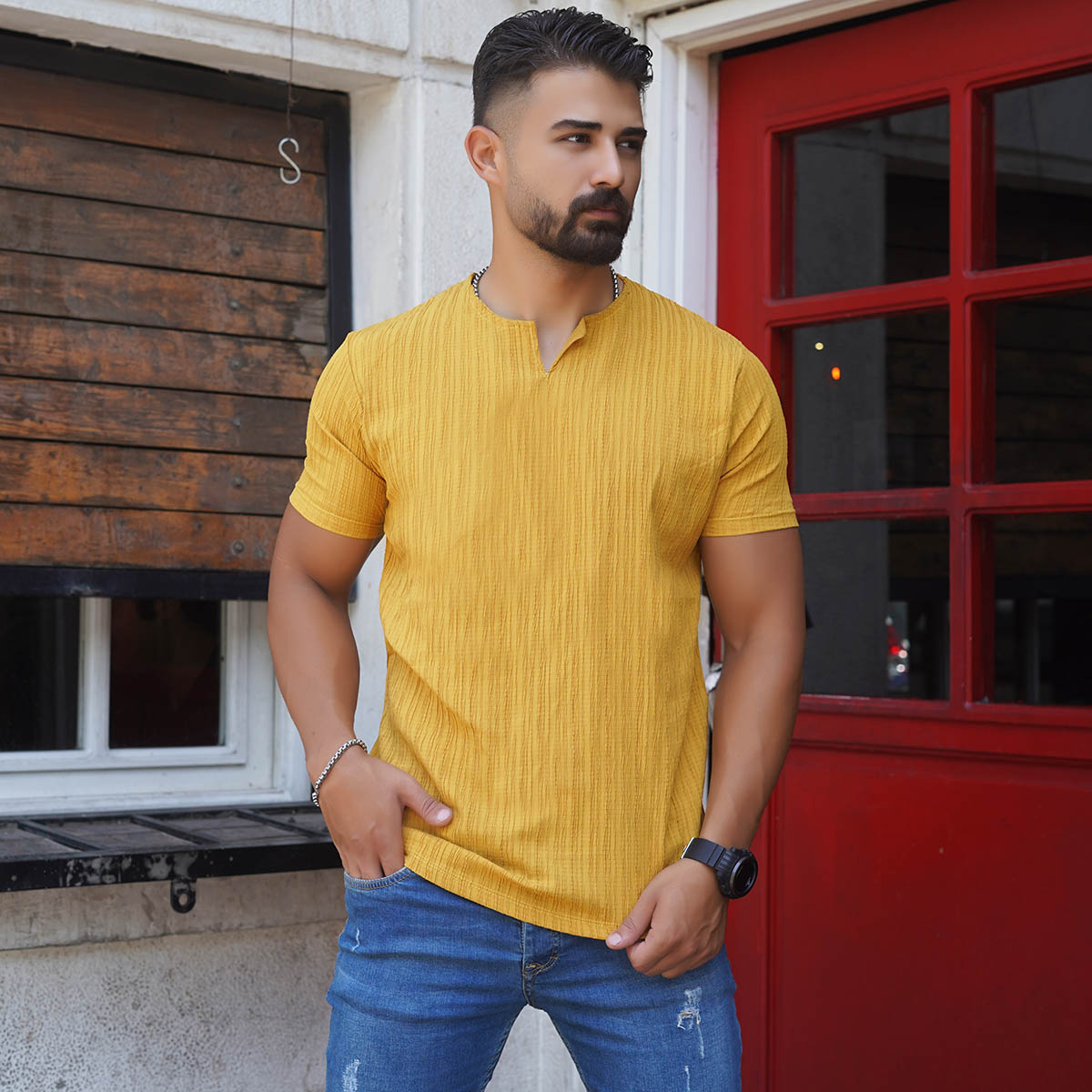 تیشرت آستین کوتاه خردلی مردانه مدل Bardia