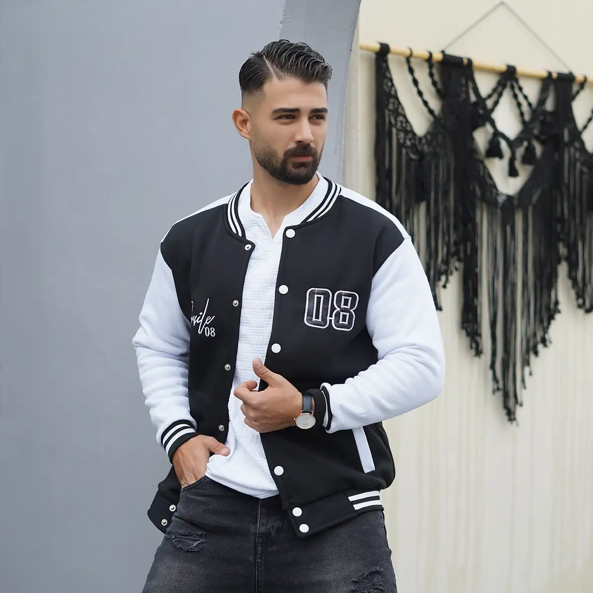 بامبر جکت مردانه مشکی مدل Baseball