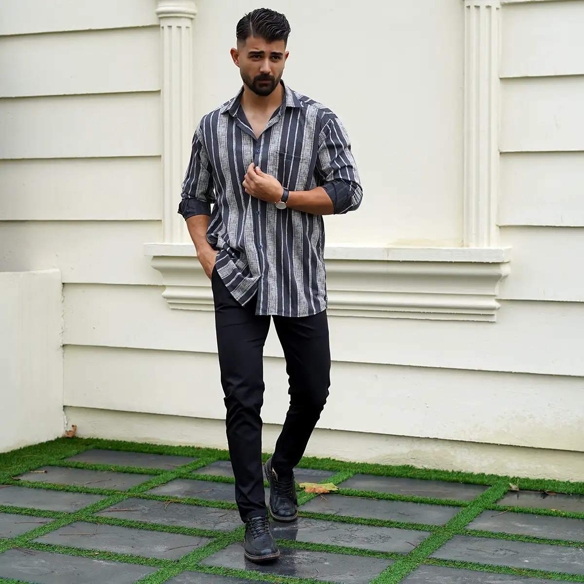 پیراهن مردانه مشکی طوسی مدل hirad