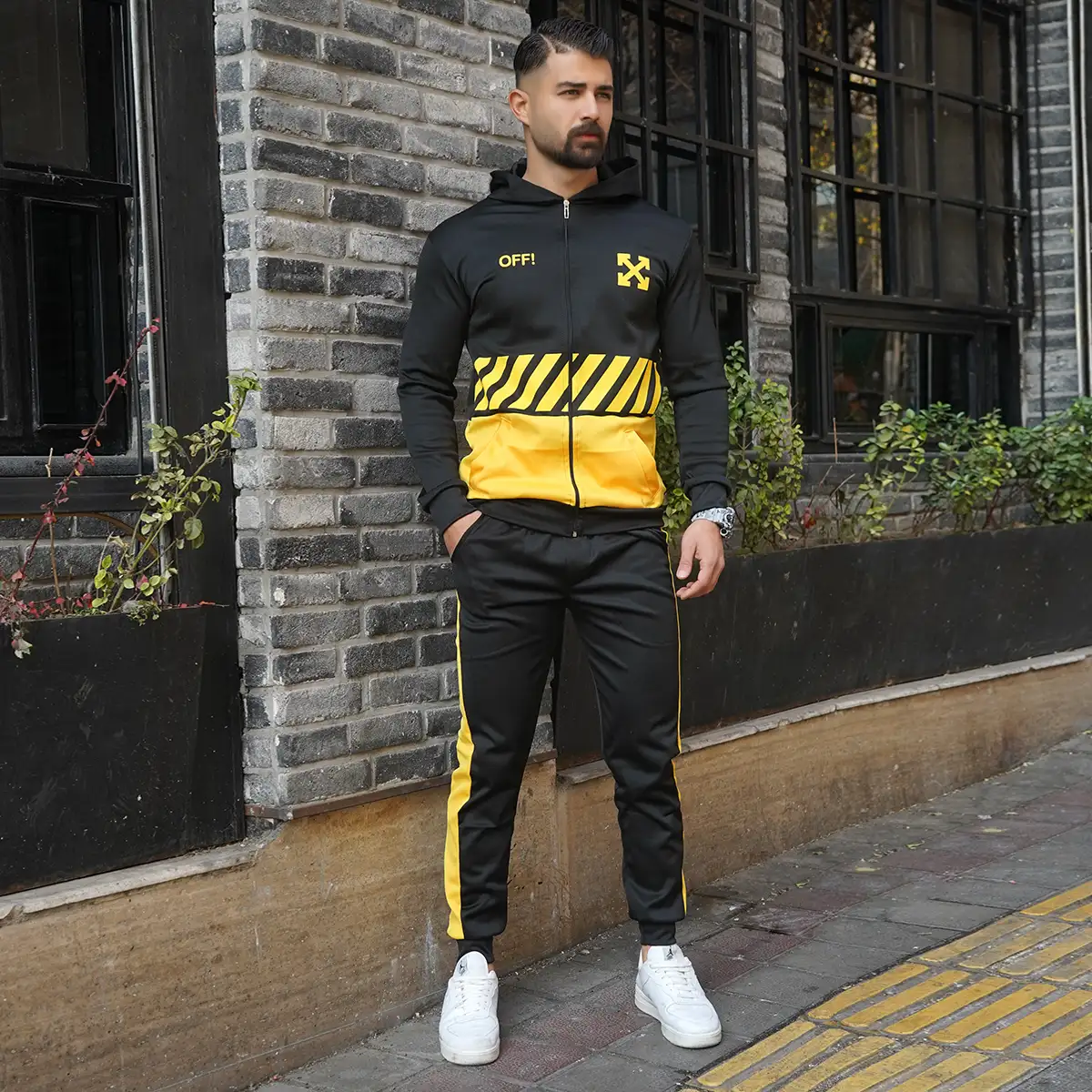 ست سوییشرت شلوار مردانه مشکی زرد off-white مدل Manga