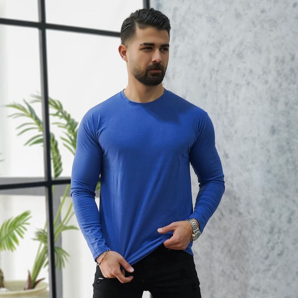 تیشرت آستین بلند آبی مردانه مدل Vala