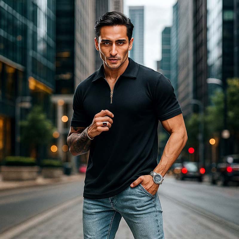 تیشرت مردانه یقه زیپ دار مشکی مدل Arban