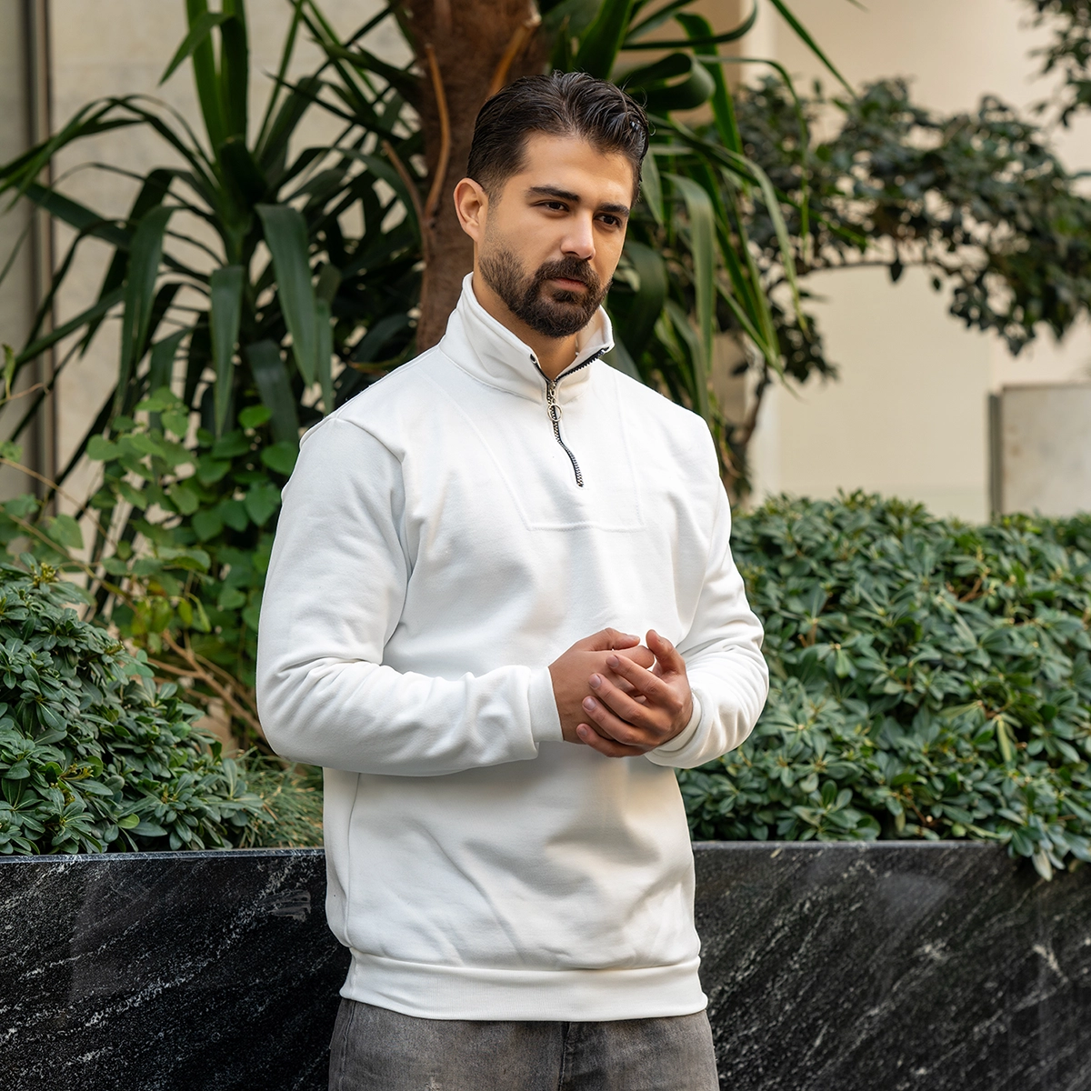 هودی نیم زیپ مردانه سفید مدل Shobin
