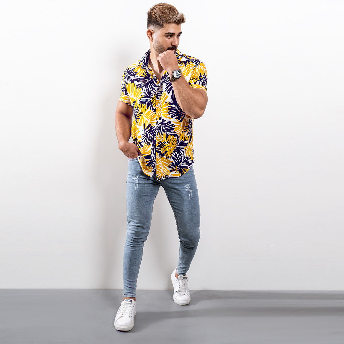پیراهن هاوایی زرد مردانه مدل Hogo