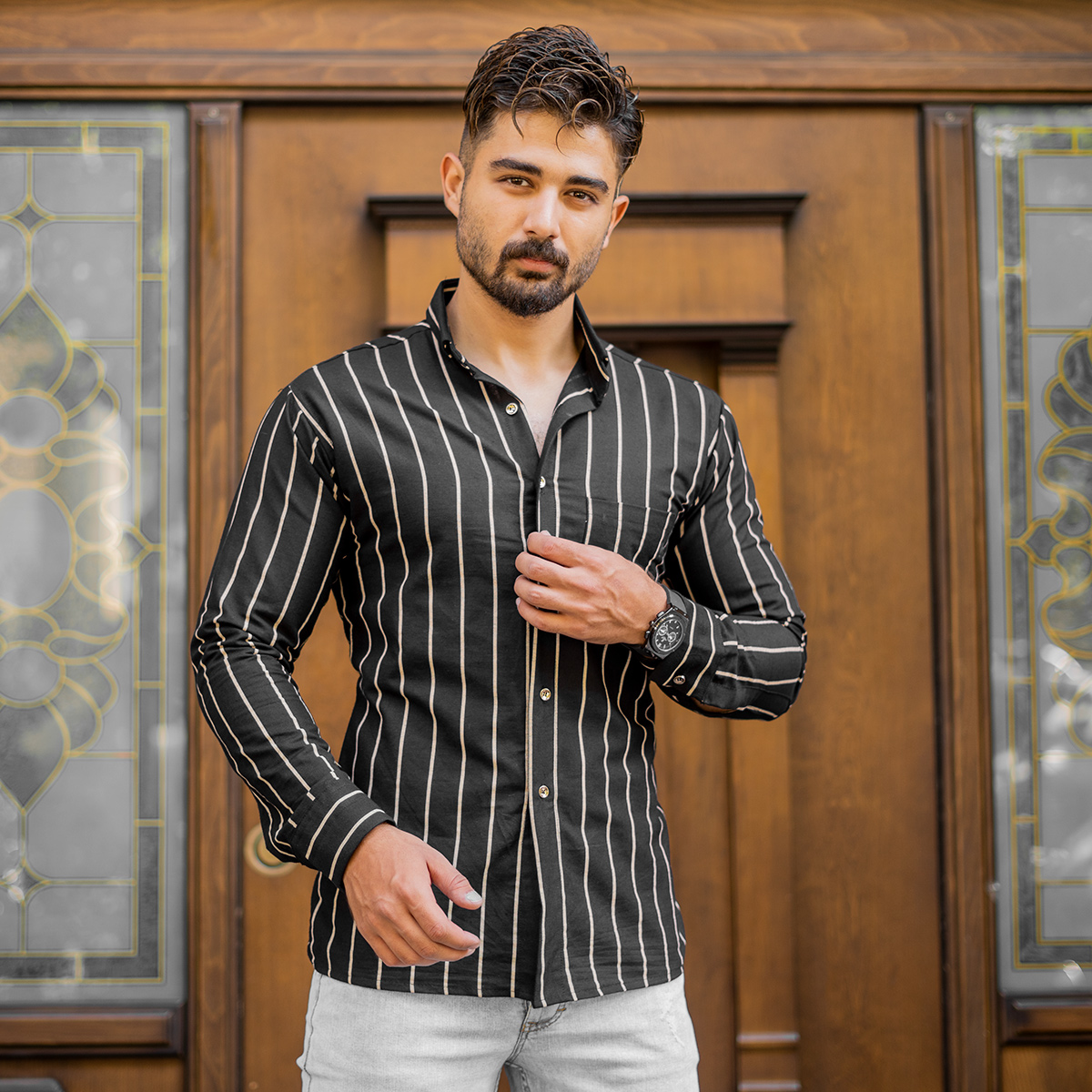 پیراهن مردانه راه راه کرم (T) مدل Rabino